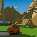 Cartoon Scene With Ferris Wheel Orange Car Green Grass Mountains Blue Sky And Clouds