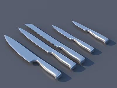 Stainless Steel Kitchen Knife Set With Various Blade Types Arranged In Row 3d model