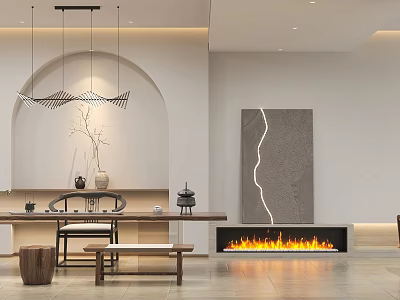Modern Living Dining Room Interior With Fireplace Pendant Lights And Wooden Dining Table 3d model