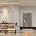 Modern Living Dining Room Interior With Fireplace Pendant Lights And Wooden Dining Table