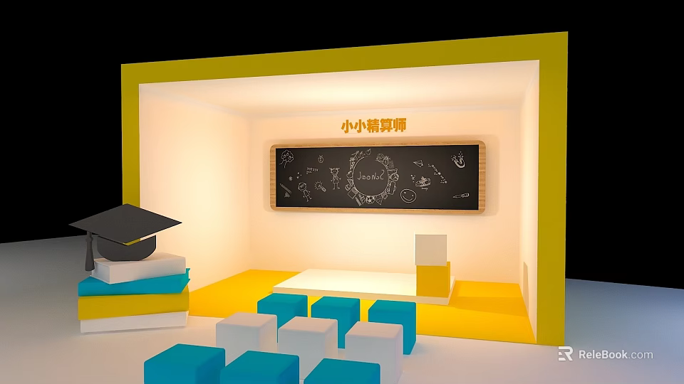 School Classroom Setup with Blackboard Graduation Cap Books Platform and Colorful Seats 3d model 