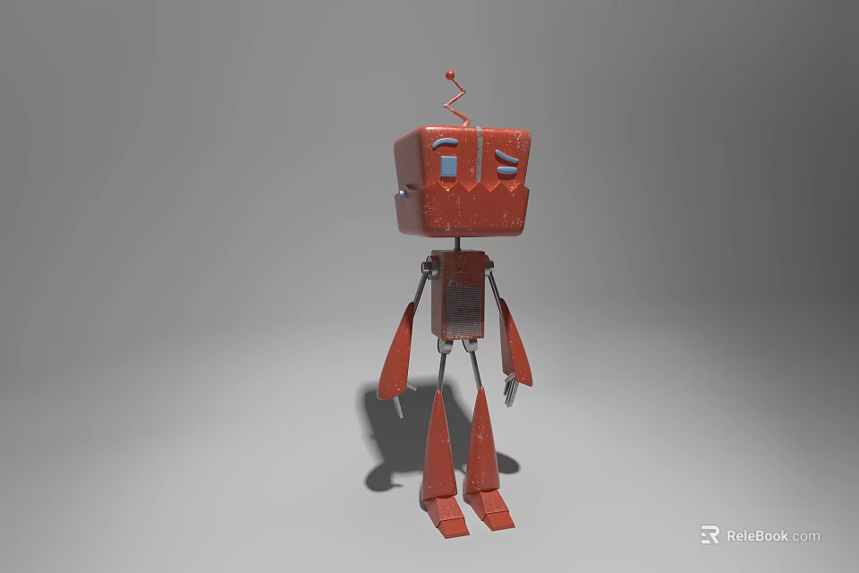 Red Cartoon Style Smart Machine With Square Head Antenna And Metal Legs 3d model 