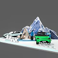 Green And White Outdoor Adventure Cars With Snow Mountain Tent And People