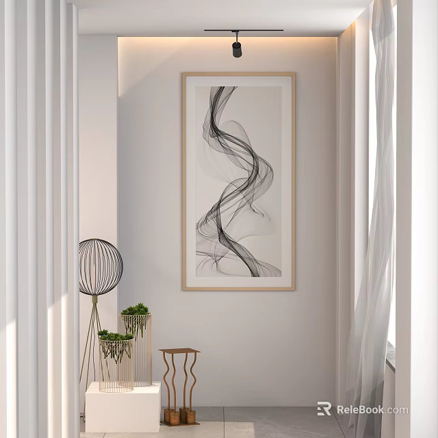 Modern Minimalist Living And Dining Room Space With Abstract Line Wall Art And Stylish Ornaments 3d model 