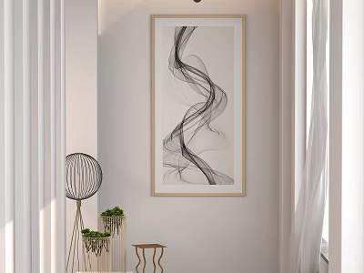 Modern Minimalist Living And Dining Room Space With Abstract Line Wall Art And Stylish Ornaments 3d model