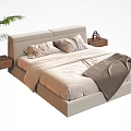 Modern Minimalist Light Colored Double Bed With Nightstands Vase Green Plant And Brown Handbag