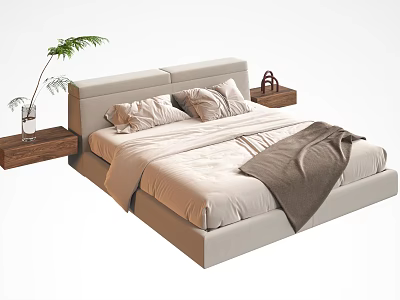 Modern Minimalist Light Colored Double Bed With Nightstands Vase Green Plant And Brown Handbag 3d model