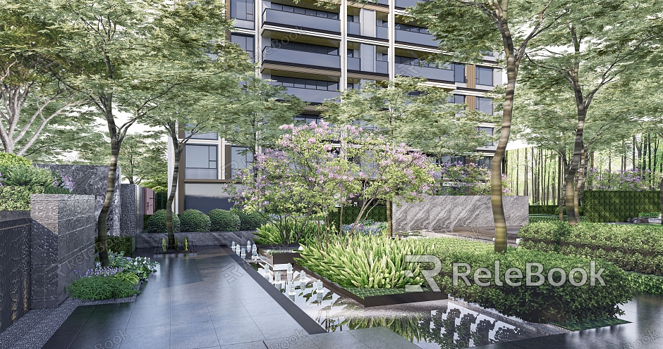 Modern Landscape Residential Quarter Residential Landscape Waterscape Fountain Plant Flower Border model