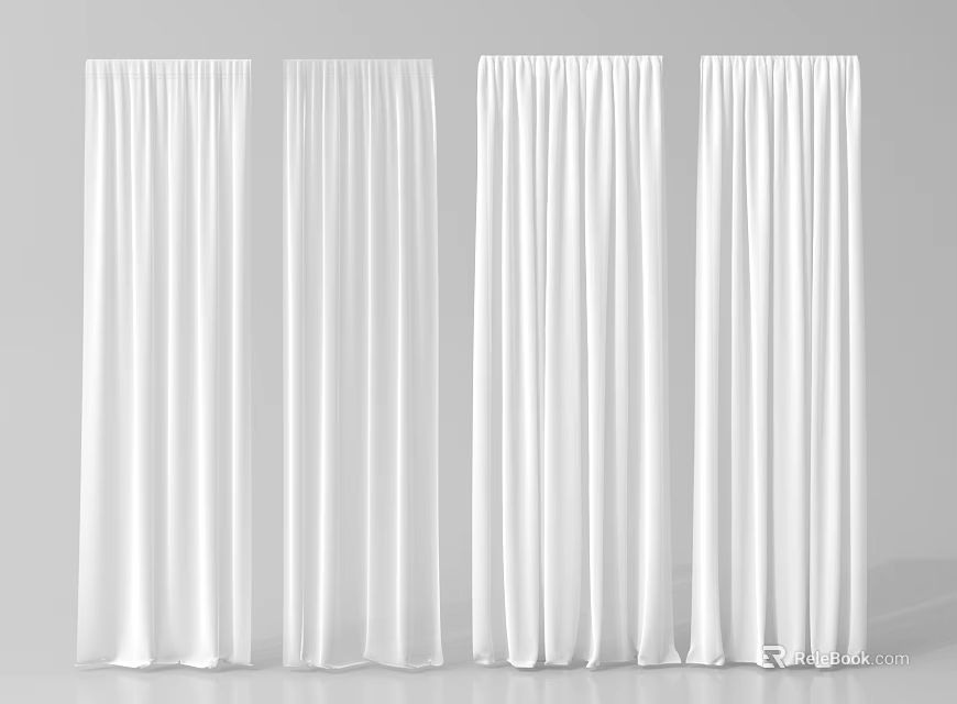 White Elegant Floor Length Curtains with Simple Design and Soft Fabric 3d model