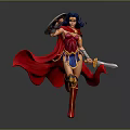 Game Movie Character Wonder Woman Holding Shield And Sword Wearing Red Cape Top Blue Shorts
