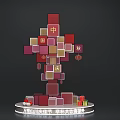 Red And Gold Cubes Stacked Structure With Fu Characters On Circular Base For Celebration 3d model