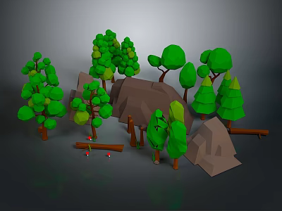 Cartoon Low Poly Forest Scene With Green Trees Brown Rocks And Logs 3d model
