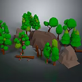 Cartoon Low Poly Forest Scene With Green Trees Brown Rocks And Logs