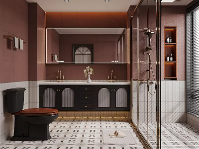 Modern Bathroom Interior With Pink Walls Black Vanity White Tile Floor And Glass Shower 3d model