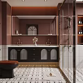 Modern Bathroom Interior With Pink Walls Black Vanity White Tile Floor And Glass Shower