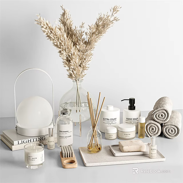 Stylish Modern Bathroom Accessories with Reed Diffusers Towels Candles and Soap Dispensers 3d model 