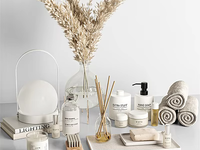 Stylish Modern Bathroom Accessories with Reed Diffusers Towels Candles and Soap Dispensers 3d model