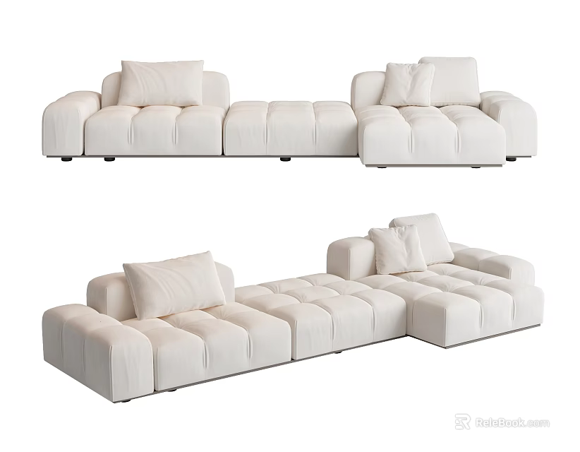 Modern White Sectional Sofa With Modular Square Cushions And L-shaped Design 3d model 