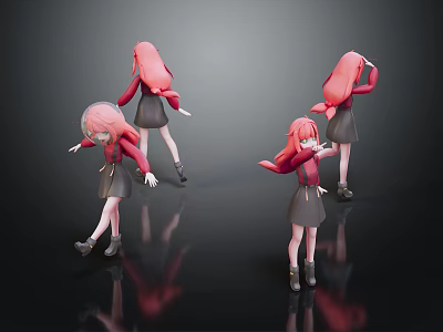 Pink Haired Girl Character 3D Model in Different Poses with Black Background and Reflections 3d model