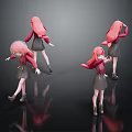 Pink Haired Girl Character 3D Model in Different Poses with Black Background and Reflections