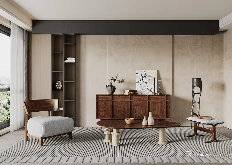 Modern Living Room Interior With Wooden Furniture And Decor 3d model 