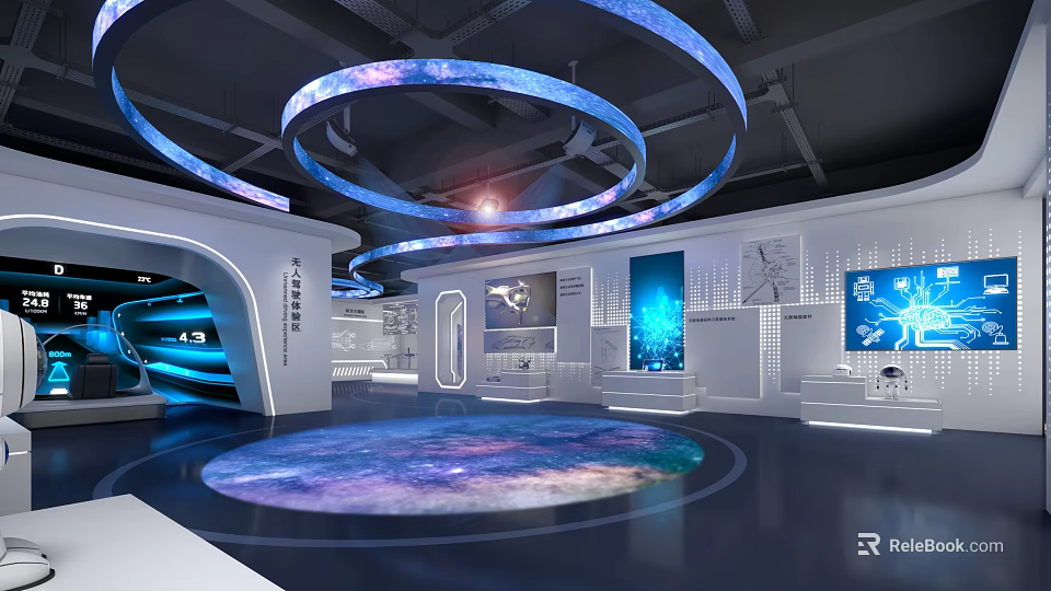 Futuristic Exhibition Hall With Circular LED Lights Starry Floor And Digital Screens 3d model 