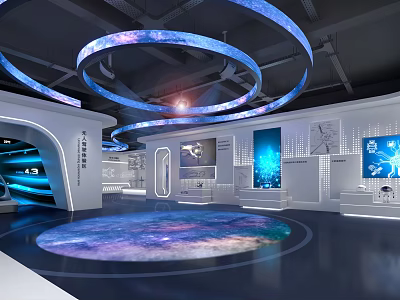 Futuristic Exhibition Hall With Circular LED Lights Starry Floor And Digital Screens 3d model
