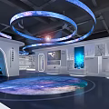Futuristic Exhibition Hall With Circular LED Lights Starry Floor And Digital Screens