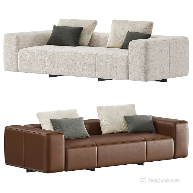 Modern Sofas Beige Fabric And Brown Leather With Grey Cream Cushions Stylish Design 3d model 