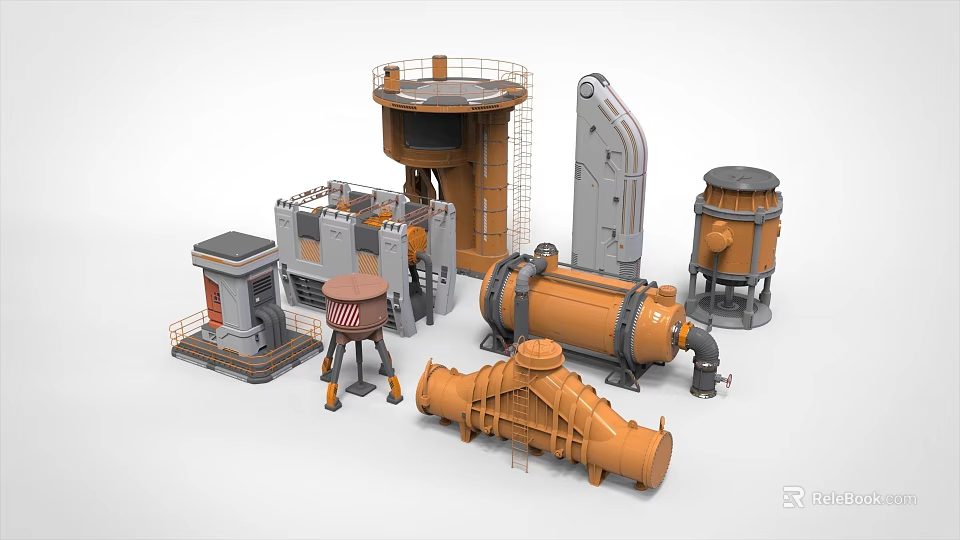 Collection Of Industrial Machinery Equipment Including Towers Tanks Pipes And Mechanical Structures 3d model 