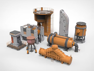 Collection Of Industrial Machinery Equipment Including Towers Tanks Pipes And Mechanical Structures 3d model