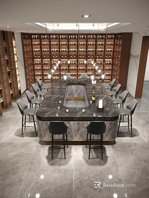 Luxury Bar Interior Design With Marble Counter Top Modern Lighting Wine Racks And Bar Stools 3d model 