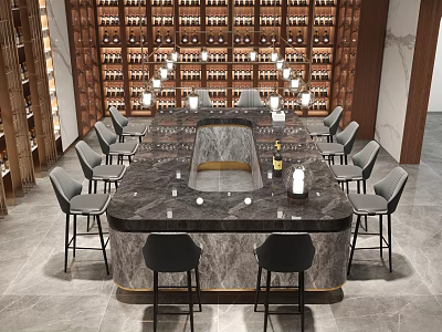 Luxury Bar Interior Design With Marble Counter Top Modern Lighting Wine Racks And Bar Stools 3d model