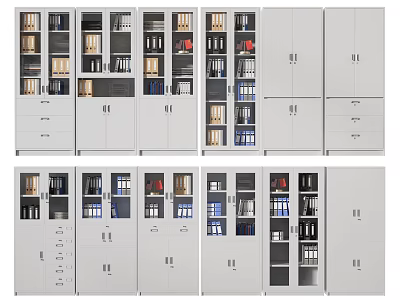 Various Style Bookcases With Open Shelves And Cabinet Doors For Files And Books 3d model