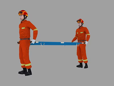 Game and Movie Rescue Character in Orange Uniform with Red Helmet Carrying Blue Stretcher 3d model