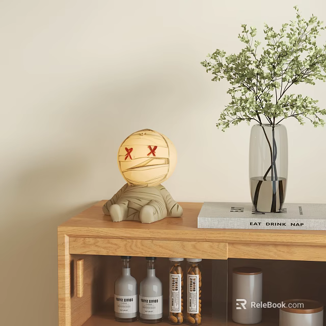 Stylish Decorative Ornament Set With Cartoon Figure Round Ball And Glass Vase On Wooden Cabinet 3d model 
