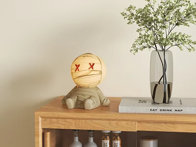 Stylish Decorative Ornament Set With Cartoon Figure Round Ball And Glass Vase On Wooden Cabinet 3d model