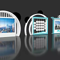 Modern Exhibition Booth Background With Curved Structure Blue Frame Display Screens And