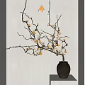 Dark Ceramic Vase with Slender Branches and White Yellow Blossoms in Minimalist Interior