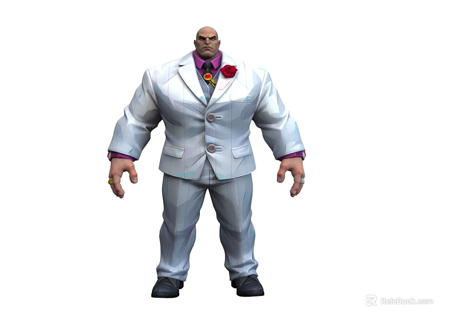 Muscular Man In White Suit With Red Flower Purple Shirt And Rings 3d model 