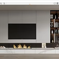 Modern TV Background Wall Design With Gray Cabinets Open Shelves And Fireplace Accent
