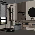 Modern Bathroom Interior With Glass Shower Smart Toilet Round Mirror And Wooden Vanity