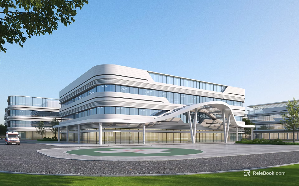 Modern Hospital Building With White Exterior Glass Curtain Walls Featuring Circular Plaza Helipad And Lawn 3d model 