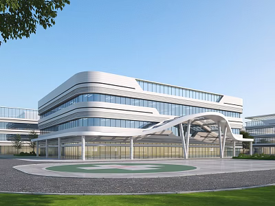 Modern Hospital Building With White Exterior Glass Curtain Walls Featuring Circular Plaza Helipad And Lawn 3d model