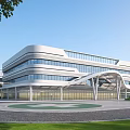 Modern Hospital Building With White Exterior Glass Curtain Walls Featuring Circular Plaza Helipad And Lawn
