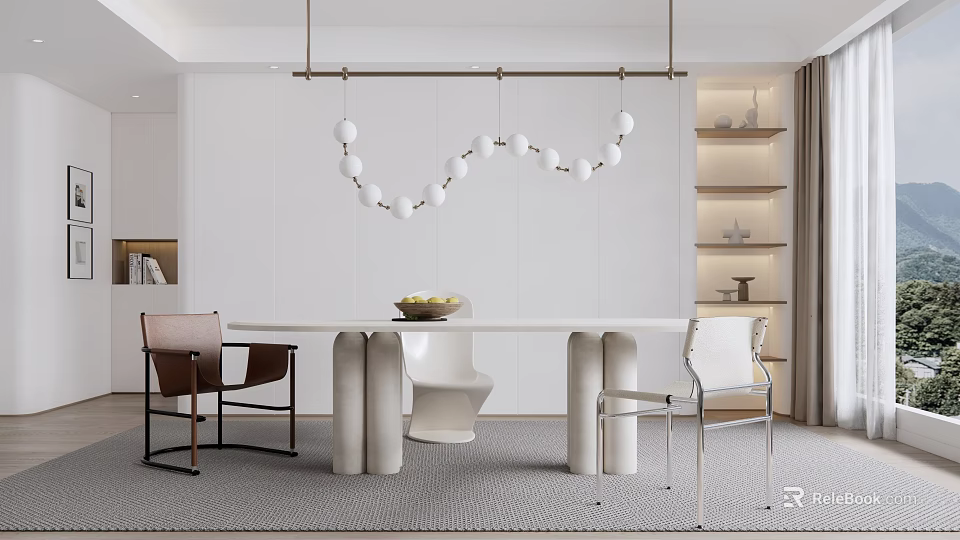 Minimalist Restaurant Dining Area With Sleek Table Mixed Style Chairs White Spherical Pendant Light And Neutral Decor 3d model 