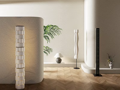 Modern Design Floor Lamps In Minimalist Interior With Wooden Floor And Green Plant 3d model