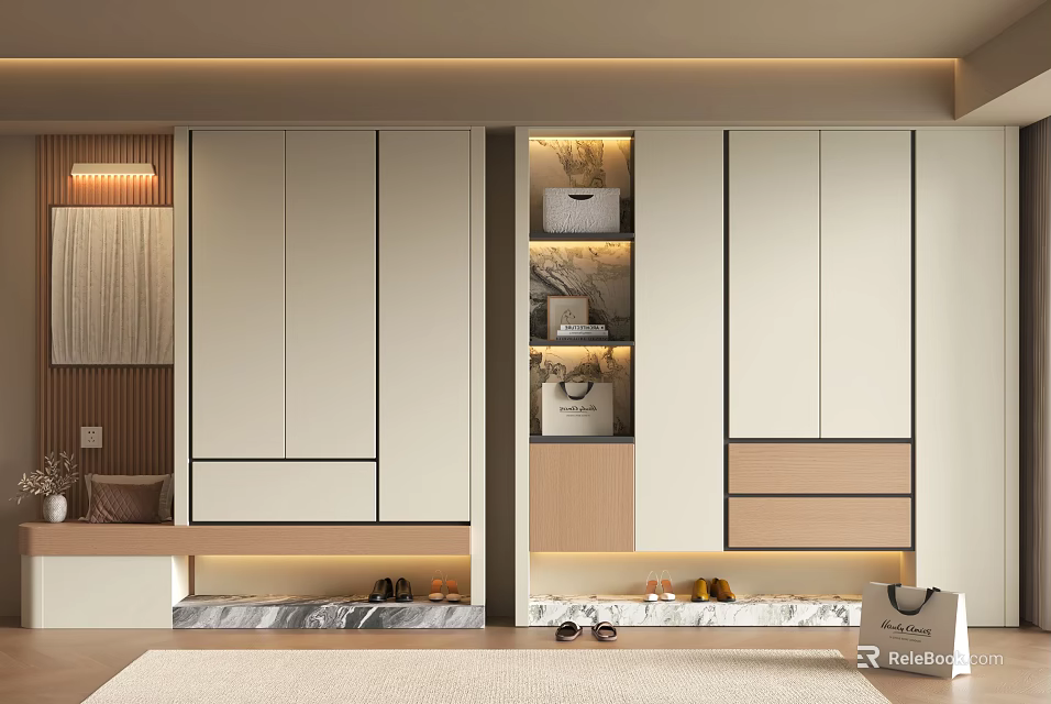 Modern Shoe Cabinet Design For Entryway With Open Shelves And Built-in Lighting 3d model 