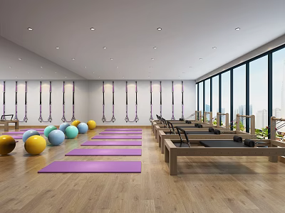 Modern Fitness Studio Interior With Yoga Mats Fitness Balls And Pilates Reformers 3d model