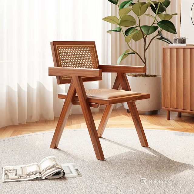 Wooden Leisure Chair With Woven Backrest And Cross Legs In Cozy Indoor Area 3d model 